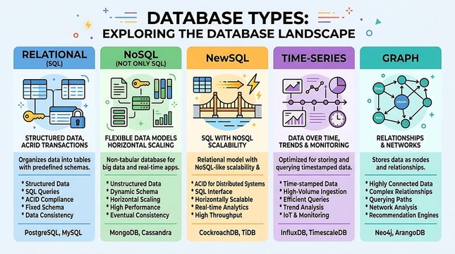 Database types and data storage architecture infographic
