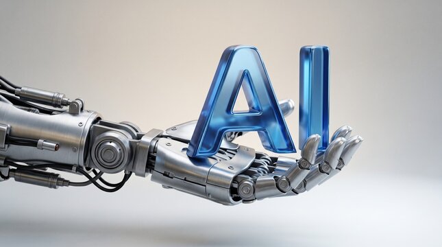 Robotic hand holding blue ai letters symbolizing artificial intelligence