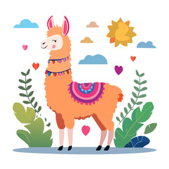 Fototapeta premium Cute Llama with Festive Decorations and Sunny Sky