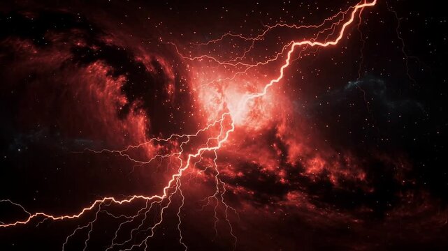 Cosmic storm with powerful red lightning bolts erupting across dark space background