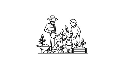 Obraz premium Family Gardening Together Outline Illustration
