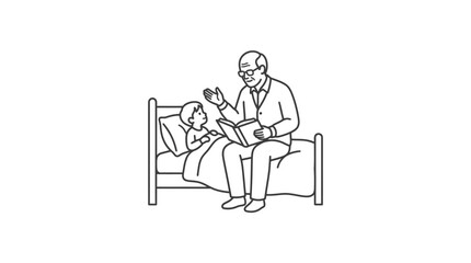 Fototapeta premium Grandfather Reading Bedtime Story to Grandson Line Art