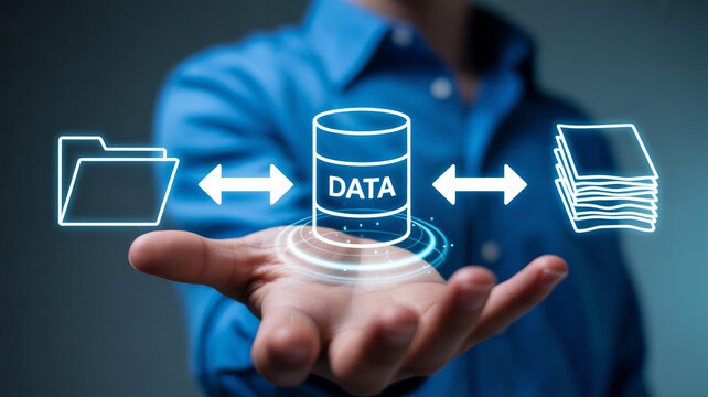 Person holding data transfer concept with database icon