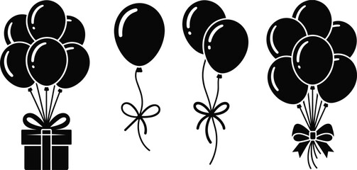 Black silhouette icons of balloons and a gift box with ribbons Keywords: balloons, gift, present, celebration, party, birthday © Gibon