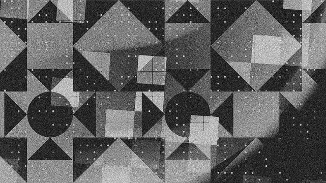 Monochromatic geometric patterns gray squares circles triangles dotted textures layered abstract graphic design, textured background 4k.