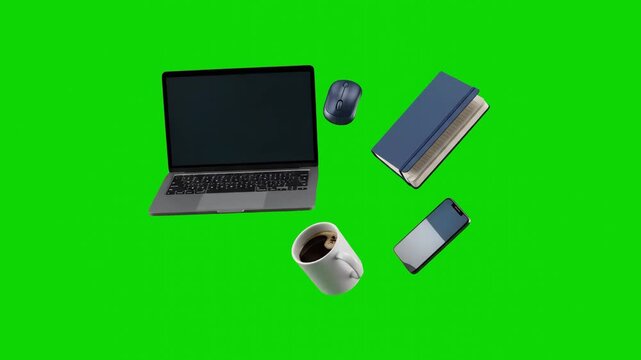 A professional workspace layout featuring a laptop, computer mouse, notebook, smartphone, and coffee cup floats dynamically over a green screen. This chroma key 3D animation asset is tailored for remo