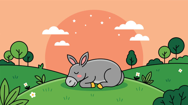 Sleeping donkey resting on rolling green hills in whimsical flat vector style for childrens storytelling
