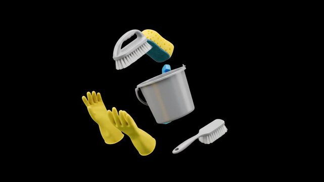 Floating professional cleaning items including a grey bucket, yellow rubber gloves, cleaning brushes, and a sponge against a solid black background. Ideal for maid service promos, house cleaning comme