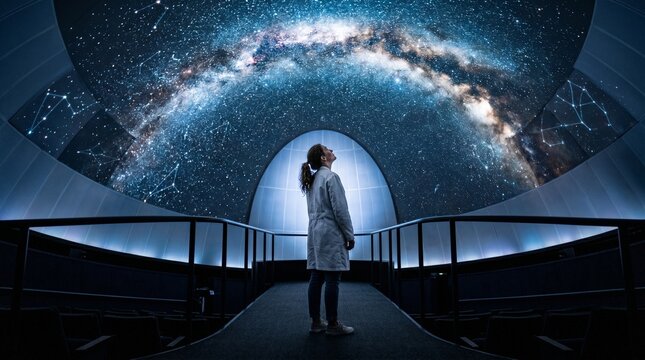 Woman Looking Up Planetarium Dome Milky Way Galaxy Stars Photography