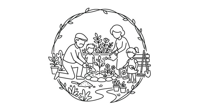 Grandparents and Grandchildren Gardening Together Line Art