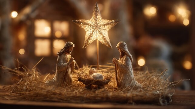 Christmas nativity scene with star and straw