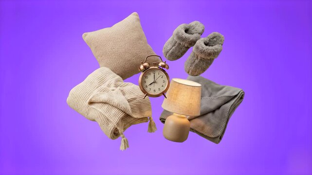 A comfortable 3D composition featuring home relaxation and sleep items including a soft pillow, warm blanket, knitted slippers, table lamp, and an alarm clock levitating against a purple backdrop. Per