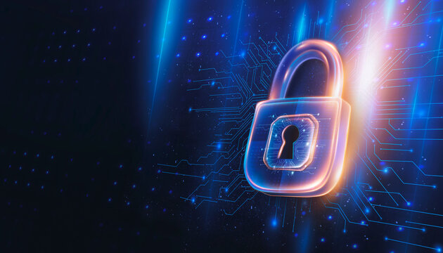 Cyber Security Lock with Blue Circuit Lines on Dark Background Neon