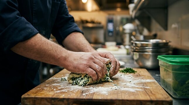 Professional Chef Kneading Green Herb Dough on Wooden Workboard
