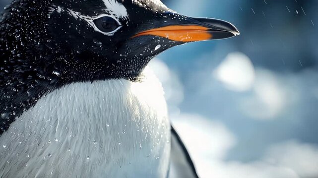 雪の中のペンギンの顔のクローズアップ 