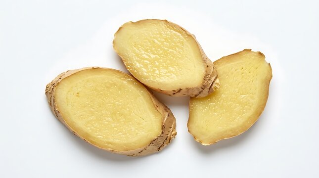 Fresh Sliced Ginger Root Halves on White Surface