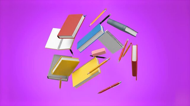 A dynamic 3D rendering of flying school supplies including colorful textbooks, notebooks, pencils, and erasers levitating over a solid purple backdrop. Ideal for back-to-school promos, e-learning mark