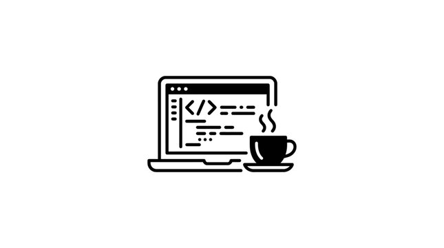 Laptop Computer with Programming Code and Coffee Cup Icon