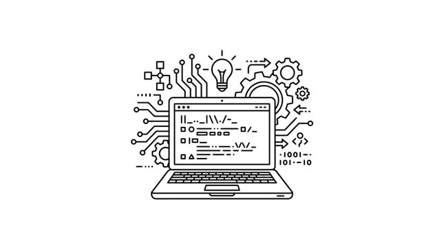 Laptop Computer with Software Development and Coding Icons