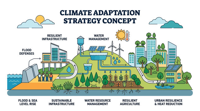 Innovative climate adaptation strategies concept for a sustainable and resilient future, focusing on urban development and environmental protection
