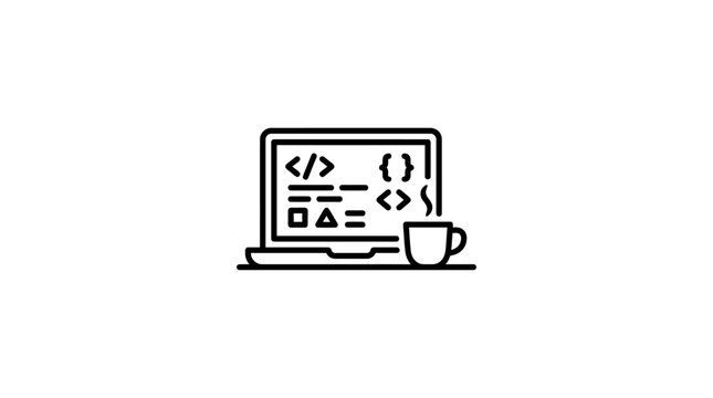 Laptop with programming code and coffee cup line icon