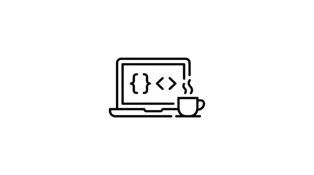 Minimalist Laptop Coding Icon with Coffee Cup