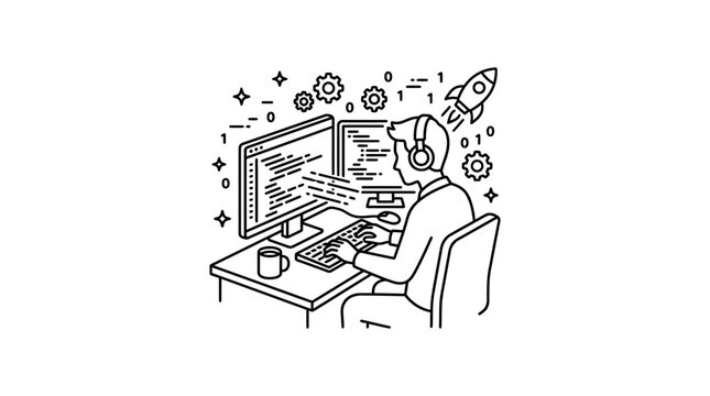 Software Developer Coding at Desk Line Art Illustration