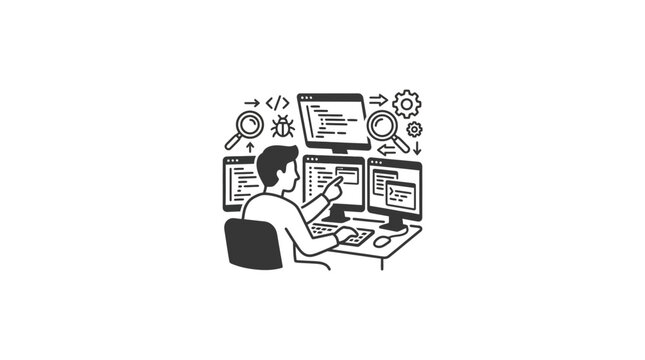 Software Developer Coding at Multiple Computer Monitors Icon