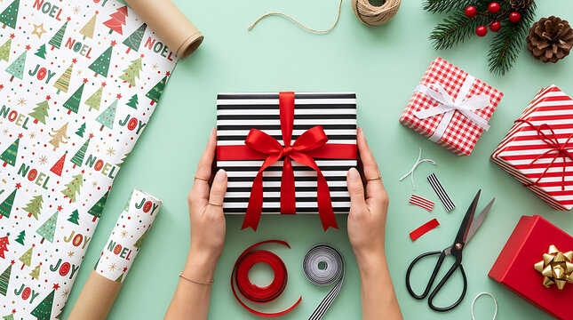 Person hands hold wrapped gift box with red ribbon among Christmas wrapping paper and decorations on green surface