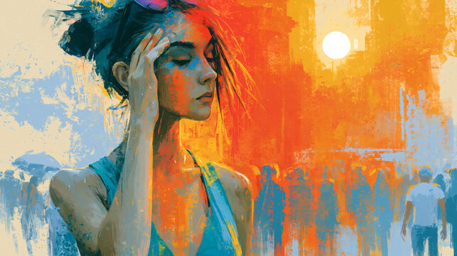 Exhausted Woman in Intense Heatwave &ndash; Dramatic Summer Illustration