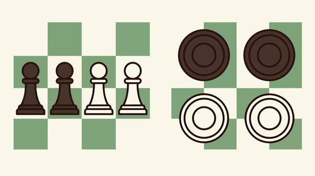 Chess pawns and checkers pieces on checkered game board in minimalist flat vector style for board game branding