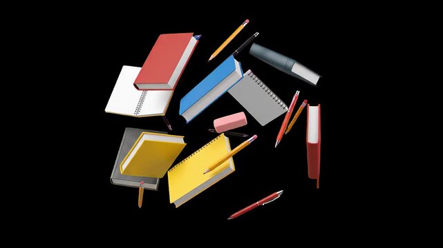 A dynamic cluster of colorful hardcover books, open textbooks, and graphite pencils tumbling slowly in mid-air against a solid black backdrop. This photorealistic 3D animation loop provides an artisti