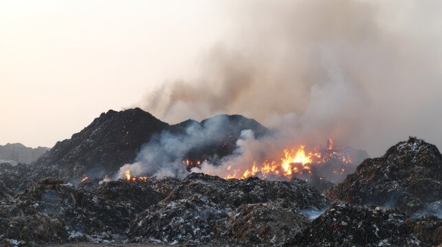 Burning organic waste piles with bright flames and thick smoke rising into the sky, showing a large outdoor fire scene with smoldering vegetation, environmental pollution and disaster concept.