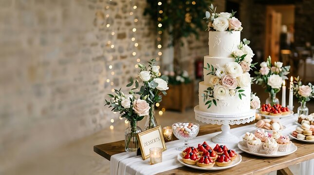 Elegant three tier wedding cake on a dessert table with fruit tarts