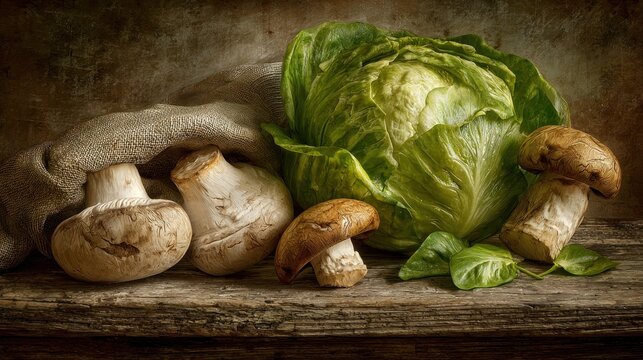 Assorted fresh garden produce rests upon a weathered wooden surface in dim light
