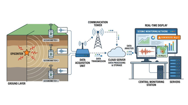 Diagram of a real-time seismic monitoring network for earthquake detection and data analysis