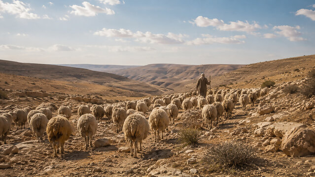 Sheep following their shepherd