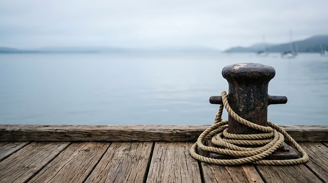 Rusty mooring bollard with rope on a wooden dock by the sea