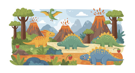 Prehistoric Dinosaurs Roaming Ancient Volcanic Landscape. © Berkah
