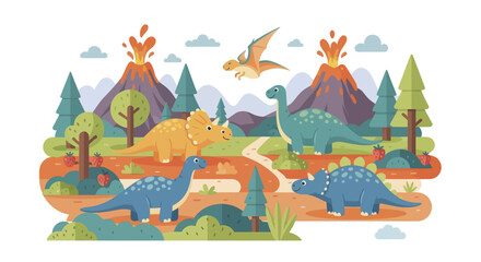 Prehistoric Dinosaur Landscape with Volcanoes and Ancient Creatures. © Berkah