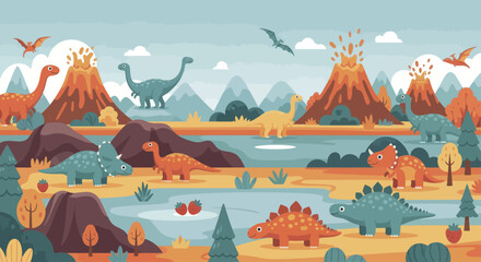 Prehistoric Dinosaur Landscape with Volcanoes and Ancient Creatures. © Berkah