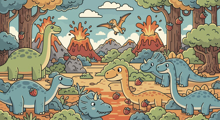 Playful Cartoon Dinosaurs Roaming Prehistoric Landscape. © Berkah