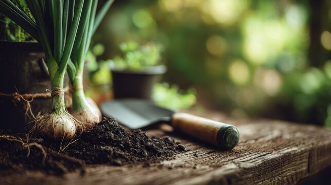Freshly harvested spring onions rest beside dark soil and a small hand trowel on a rustic wooden surface outdoors