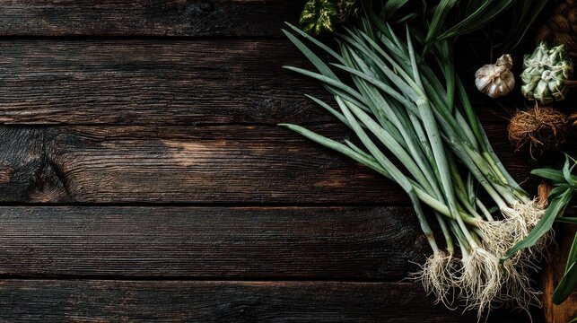 Freshly harvested green onions and root vegetables rest upon a dark, rustic wooden surface.
