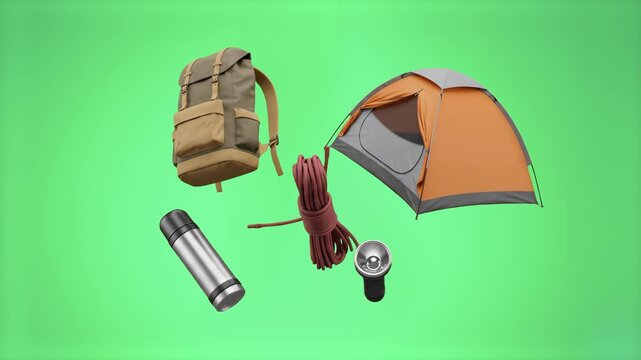 A 3D rendered set of essential camping items, featuring a backpack, orange tent, coiled rope, stainless steel thermos, and flashlight, floats dynamically over a bright green studio background. This ki