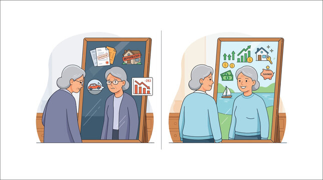 Illustration showing contrasting financial mindsets of elderly woman in reflection.