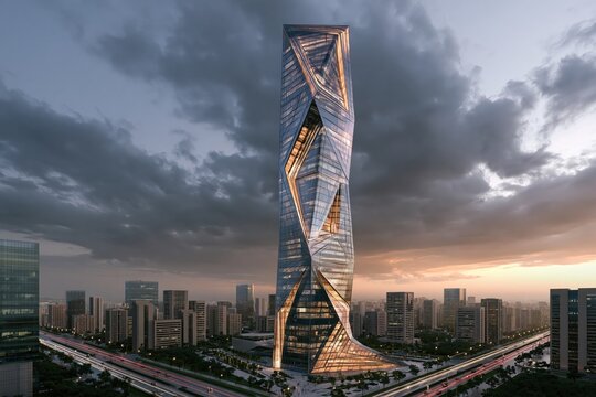 Skyscraper with double skin facade intricate layered glass ex