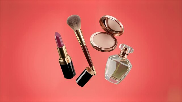A collection of premium beauty products, including an open lipstick tube, a large powder brush, a compact powder case, and a glass perfume bottle, floating gracefully against a solid coral red backdro