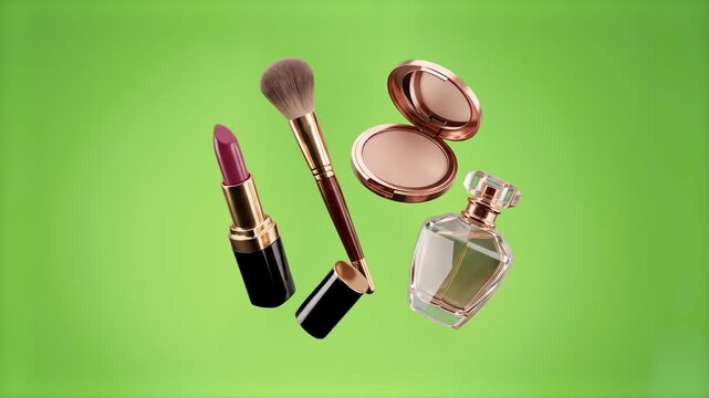High-end beauty products, including a pink lipstick tube, makeup brush, powder compact, and glass perfume bottle, float elegantly together on a soft green gradient background. This sophisticated 3D re