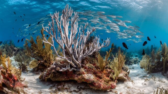 Underwater coral reef scene with staghorn coral, colorful marine life, school of silver fish and sandy ocean floor showing reef biodiversity, bleaching effects and natural ocean ecosystem.